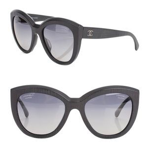 CHANEL Black Acetate Tweed Effect Classic Signature Butterfly Polarized Glasses
